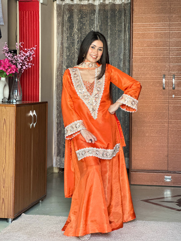 Orange Premium Chinon Mirror Diamond Moti Work 4-Piece Sharara Set