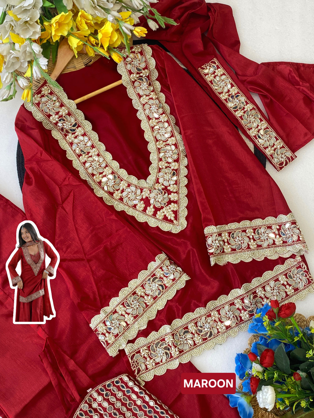 Maroon Premium Chinon Mirror Diamond Moti Work 4-Piece Sharara Set