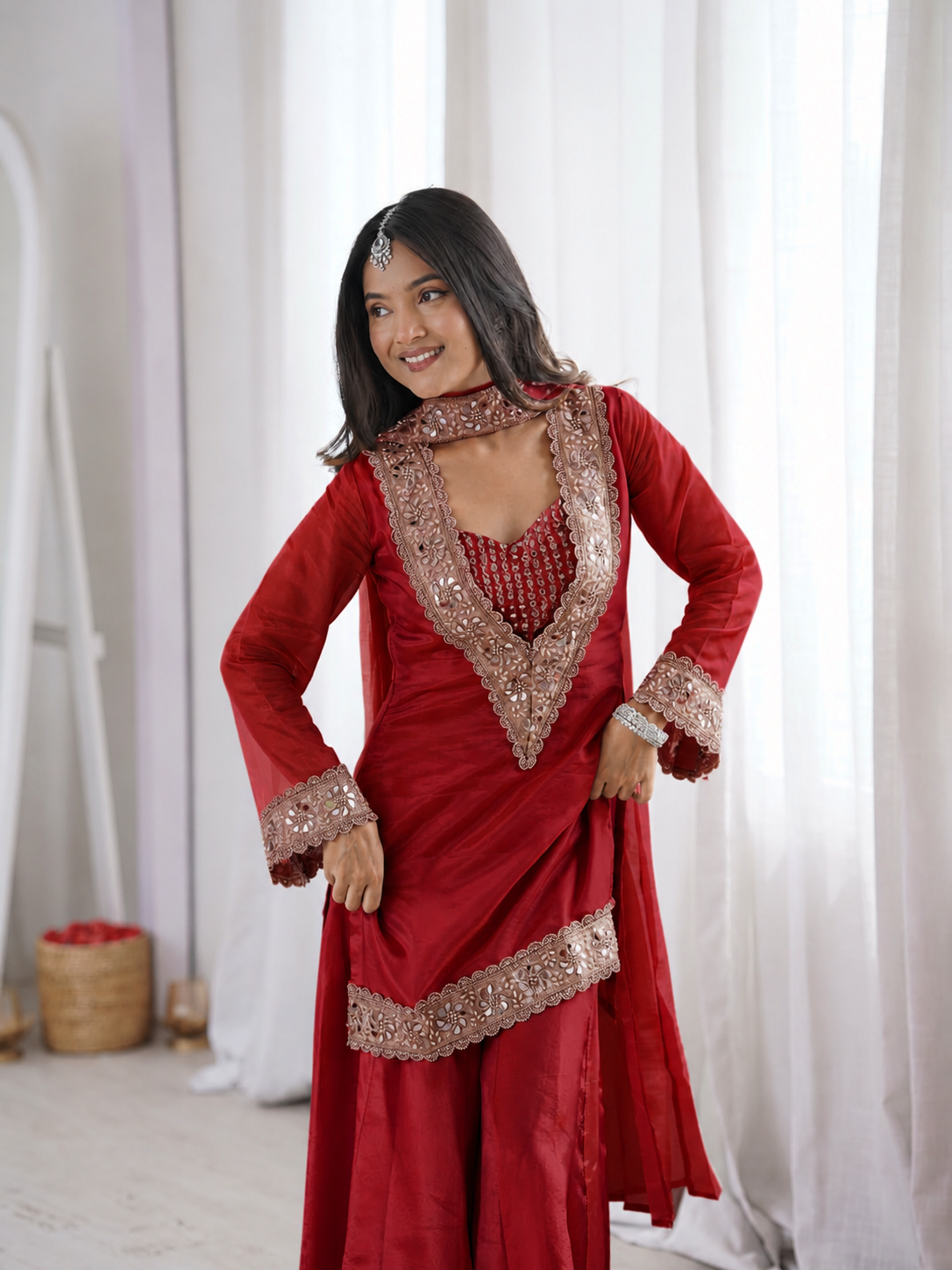 Maroon Premium Chinon Mirror Diamond Moti Work 4-Piece Sharara Set
