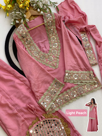 Light Peach Premium Chinon Mirror Diamond Moti Work 4-Piece Sharara Set