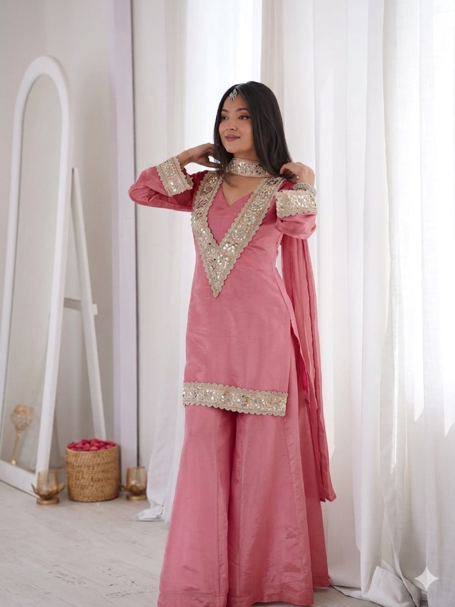 Light Peach Premium Chinon Mirror Diamond Moti Work 4-Piece Sharara Set