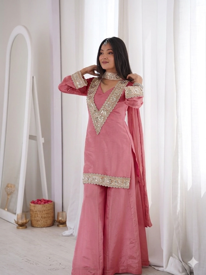 Light Peach Premium Chinon Mirror Diamond Moti Work 4-Piece Sharara Set