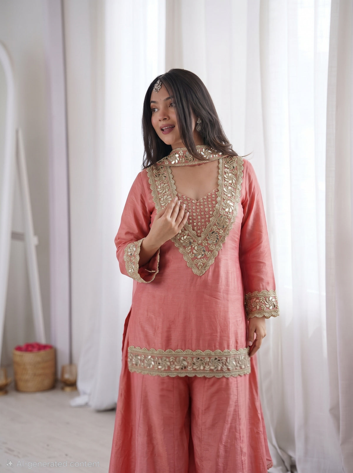 Light Peach Premium Chinon Mirror Diamond Moti Work 4-Piece Sharara Set