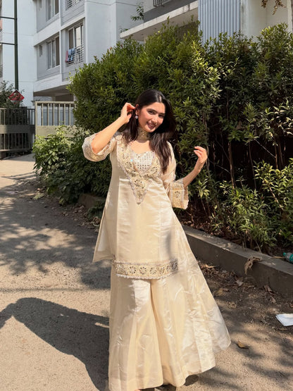 White Premium Chinon Mirror Diamond Moti Work 4-Piece Sharara Set