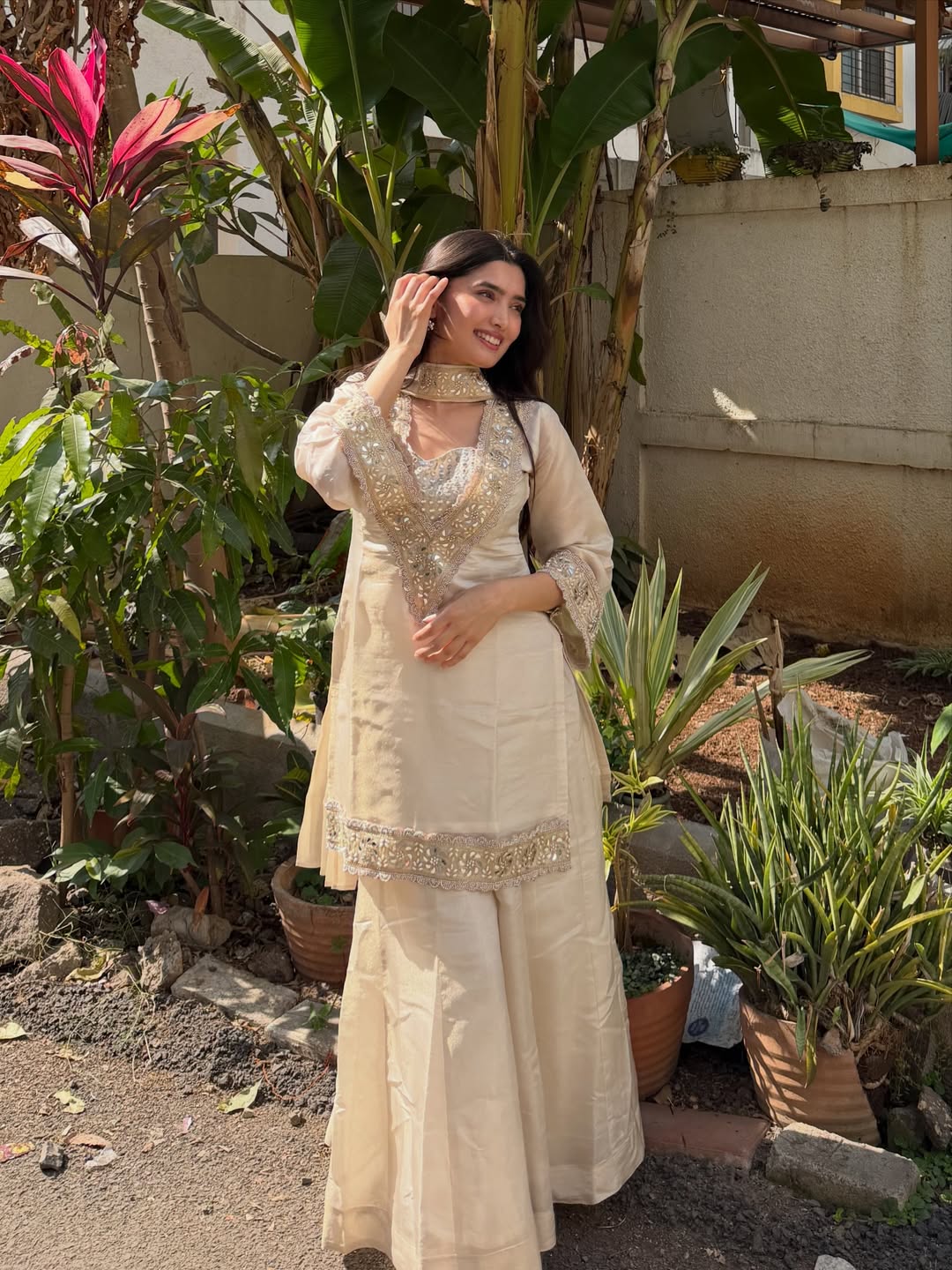 White Premium Chinon Mirror Diamond Moti Work 4-Piece Sharara Set