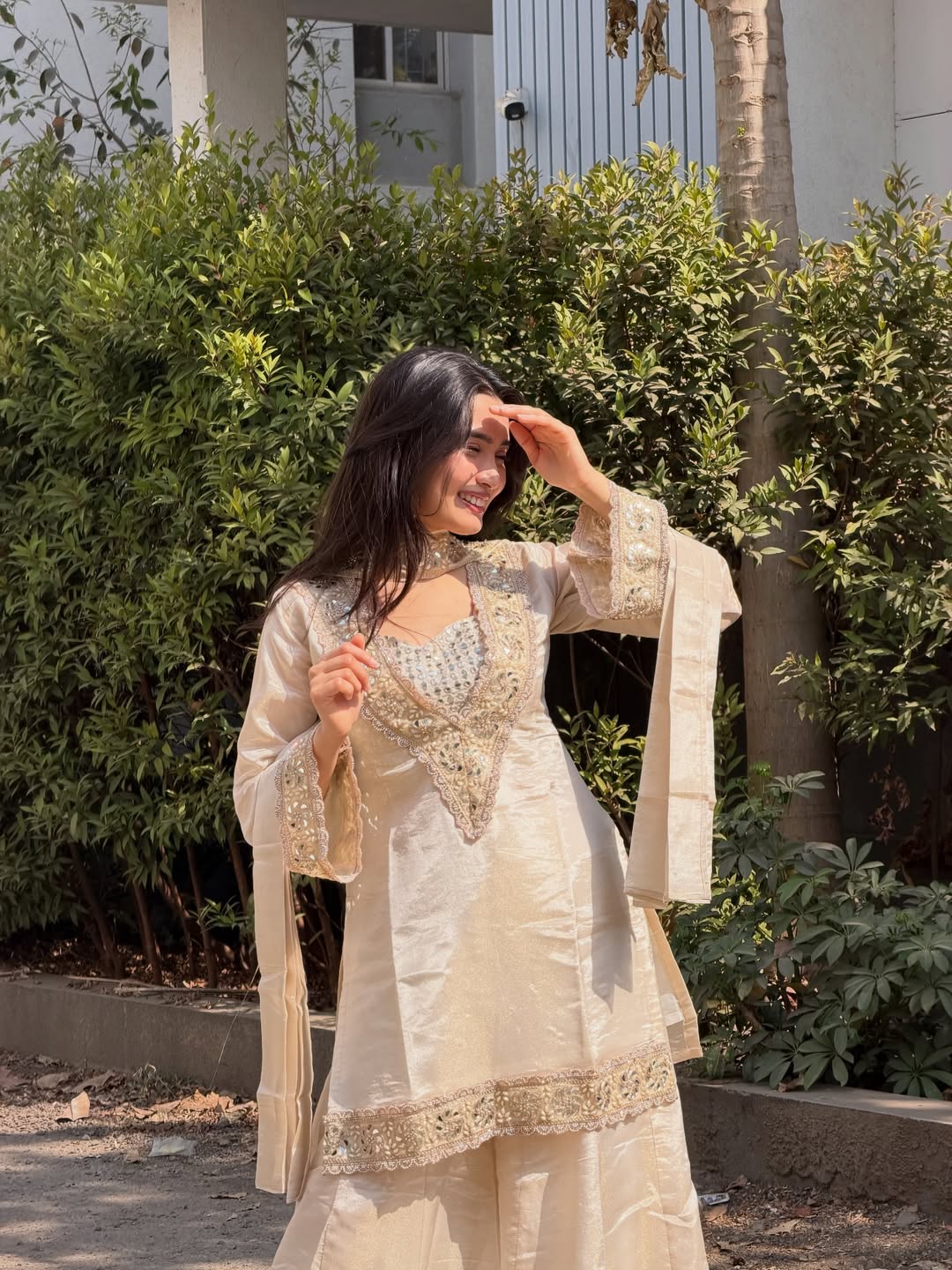 White Premium Chinon Mirror Diamond Moti Work 4-Piece Sharara Set