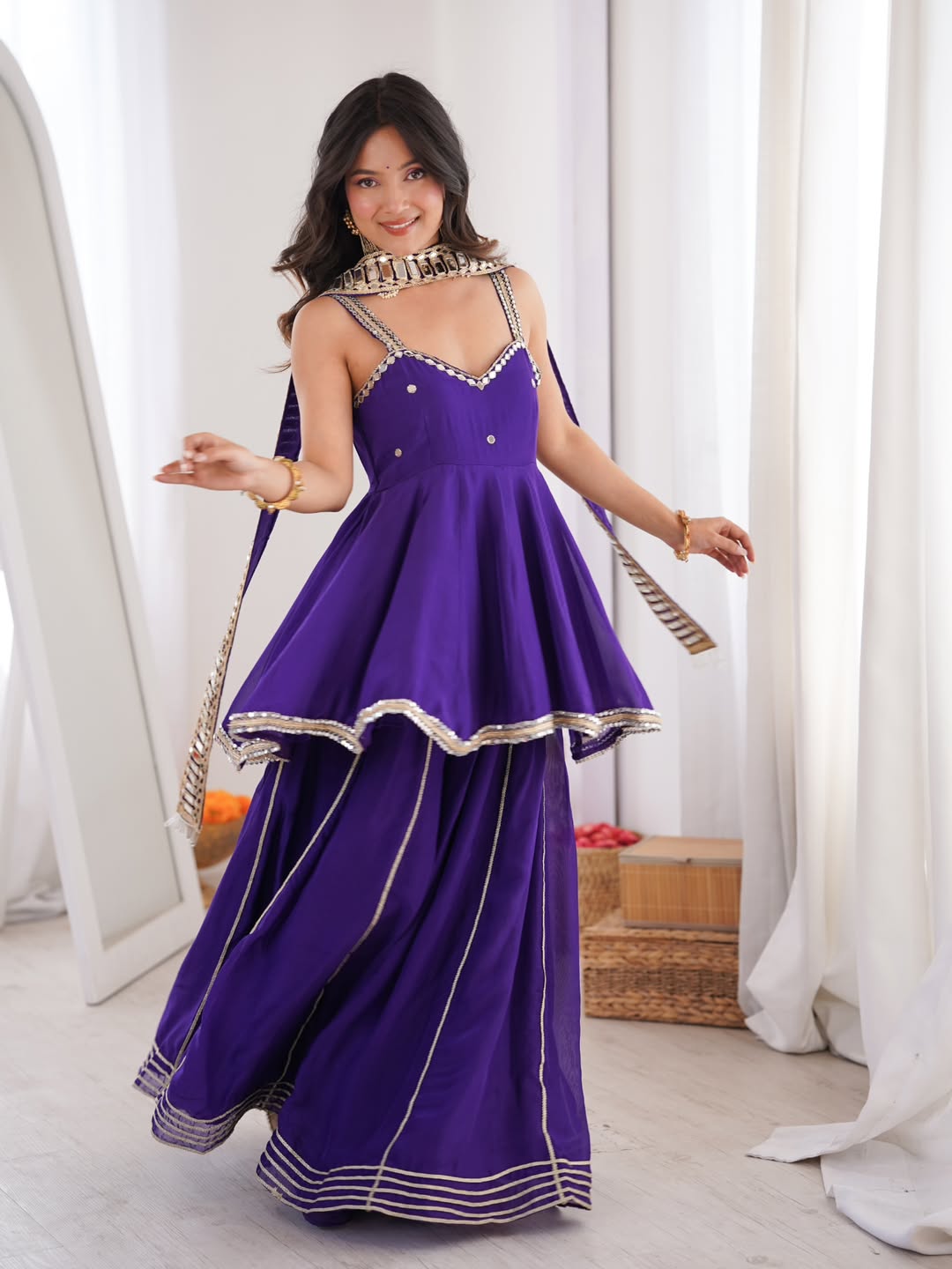 Soft Chinon Original Mirror Work Palazzo Suit Set