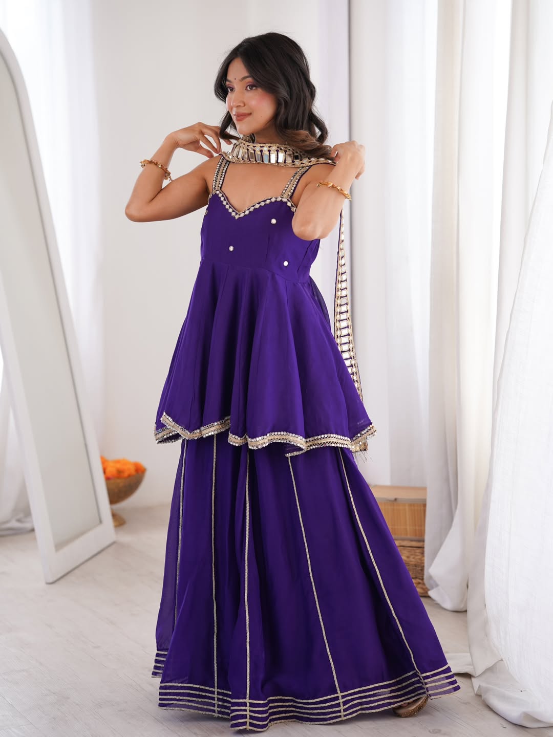 Soft Chinon Original Mirror Work Palazzo Suit Set