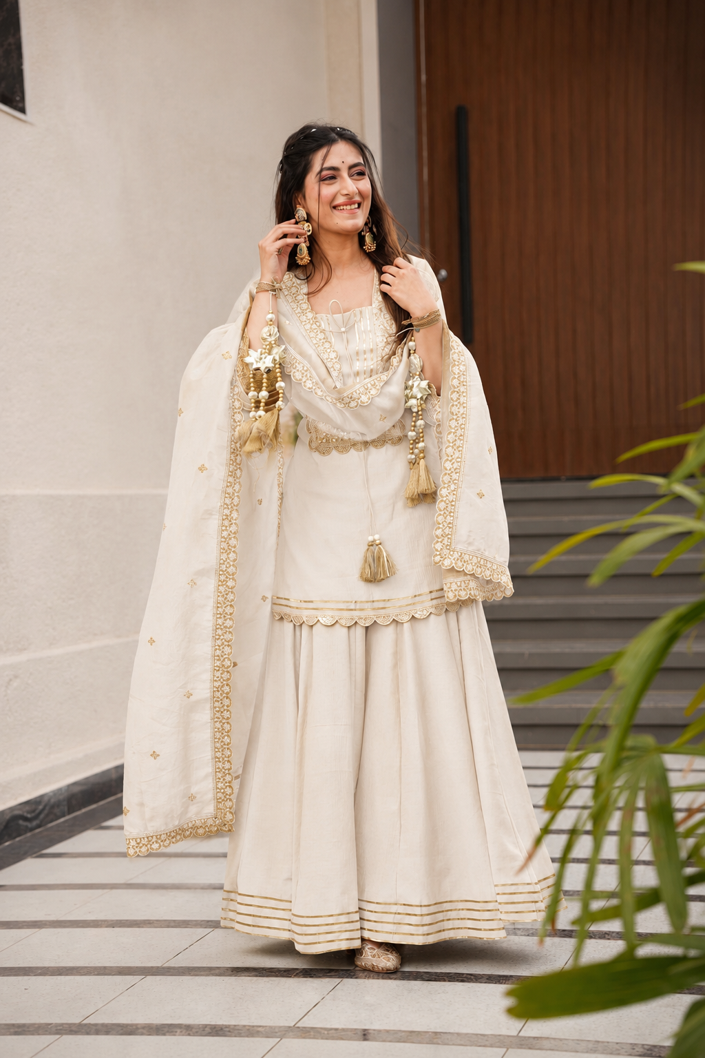 White Premium Chinon Embroidery Coding Sequence Work Palazzo Set