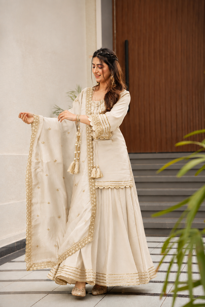 White Premium Chinon Embroidery Coding Sequence Work Palazzo Set
