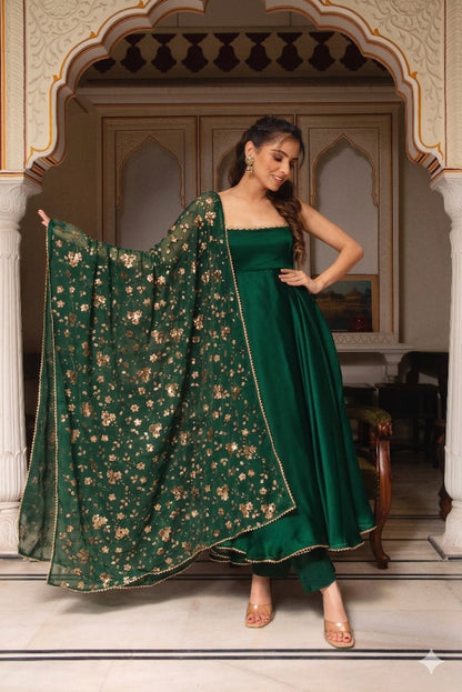 Green Heavy Japan Satin Thread Sequence Work Three Piece Set