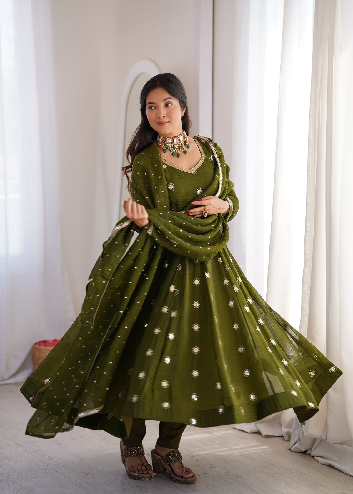 Dark Olive Green Elegant Crunchy Silk Sequence Work Three Piece Suit Set