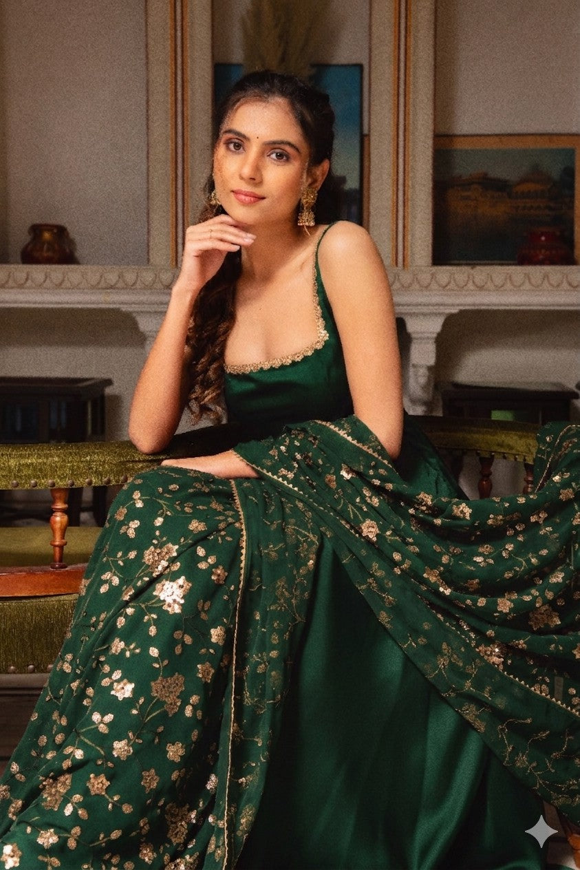 Green Heavy Japan Satin Thread Sequence Work Three Piece Set