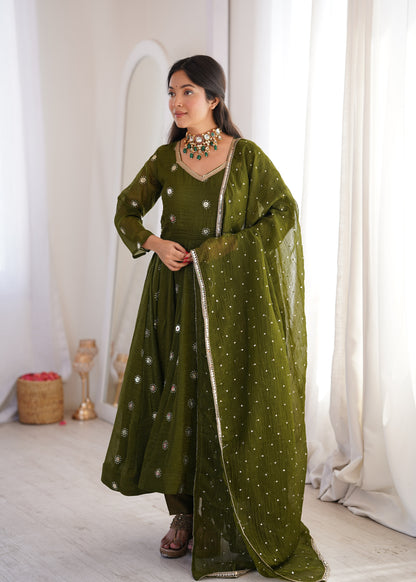 Dark Olive Green Elegant Crunchy Silk Sequence Work Three Piece Suit Set