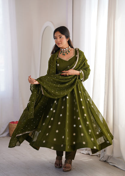 Dark Olive Green Elegant Crunchy Silk Sequence Work Three Piece Suit Set