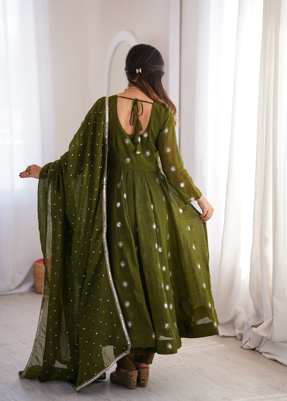 Dark Olive Green Elegant Crunchy Silk Sequence Work Three Piece Suit Set