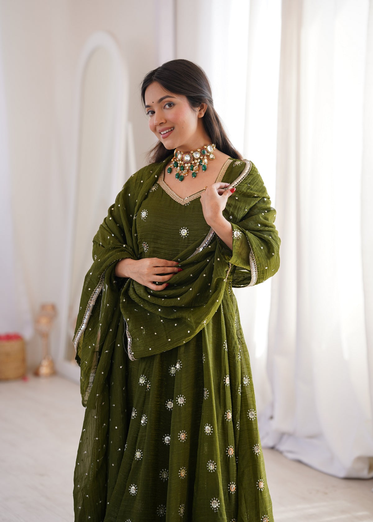 Dark Olive Green Elegant Crunchy Silk Sequence Work Three Piece Suit Set