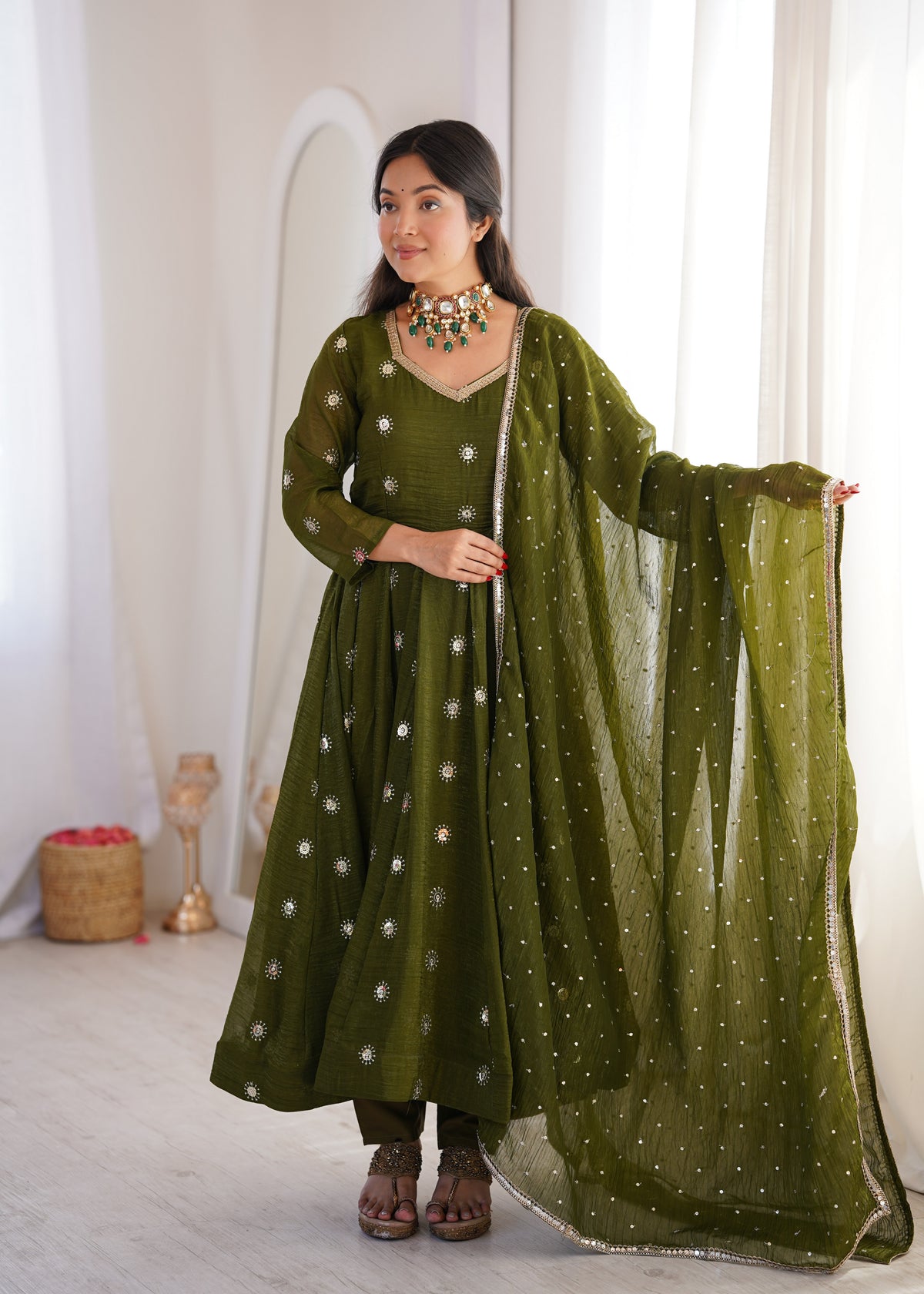 Dark Olive Green Elegant Crunchy Silk Sequence Work Three Piece Suit Set