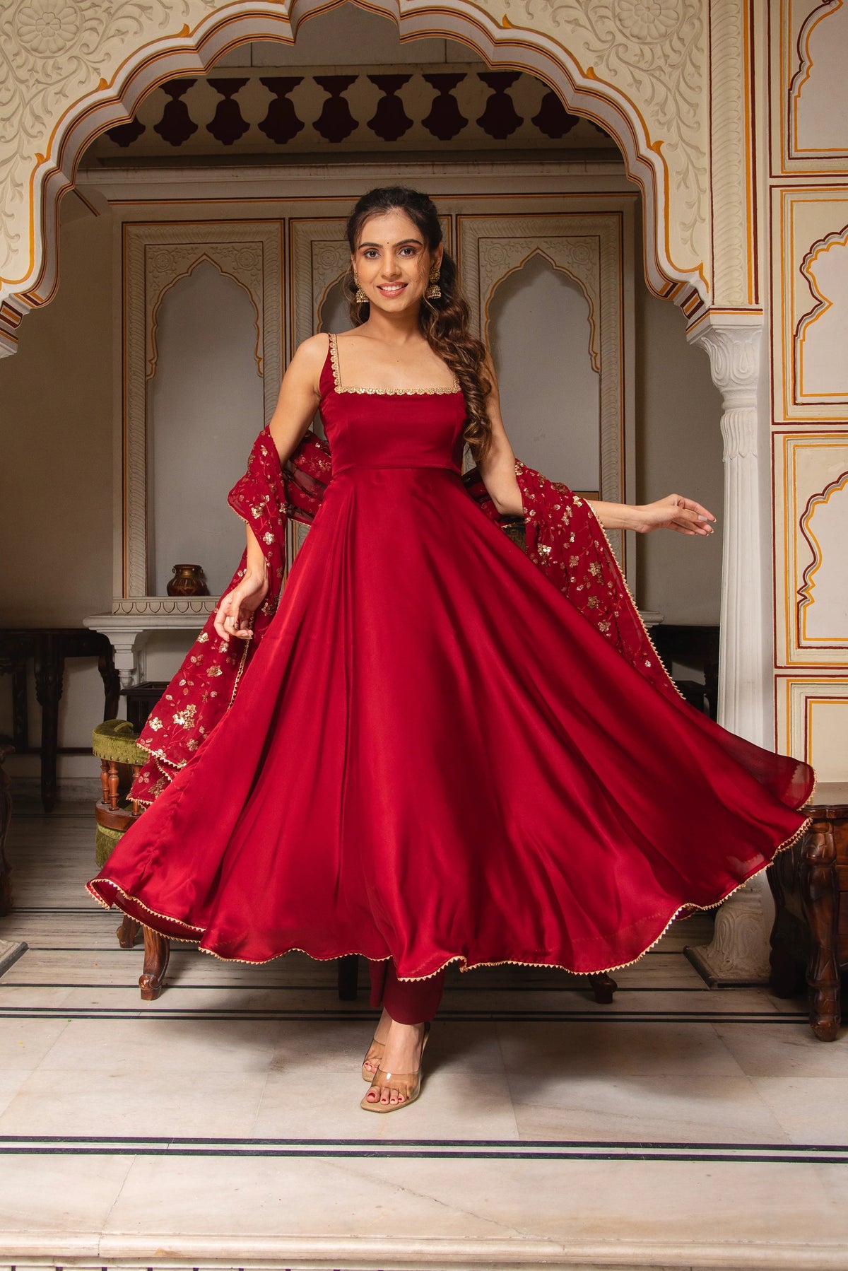 Red Heavy Japan Satin Thread Sequence Work Three Piece Set
