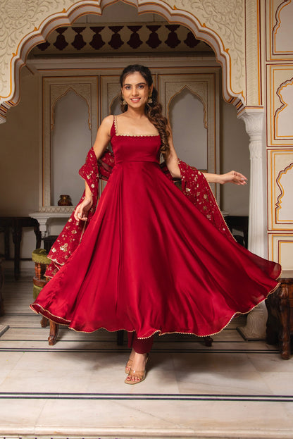 Red Heavy Japan Satin Thread Sequence Work Three Piece Set