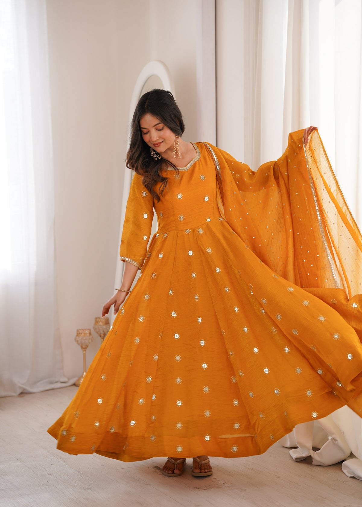 Mustard Yellow Elegant Crunchy Silk Sequence Work Three Piece Suit Set