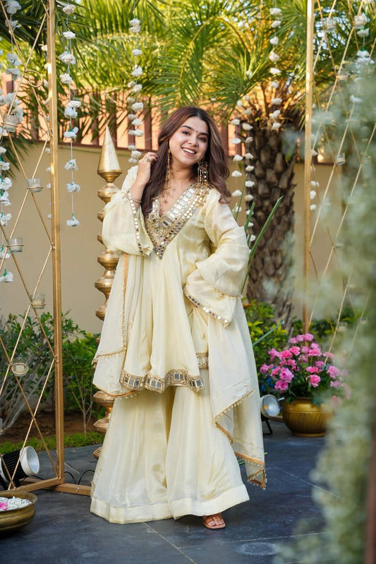 Real Mirror Work Jari Silk Sharara Suit Ready to Wear Premium Set