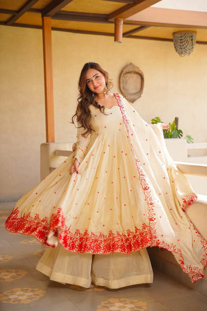 Ivory Embroidery Work Anarkali Palazzo Suit Set