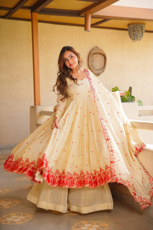 Ivory Embroidery Work Anarkali Palazzo Suit Set