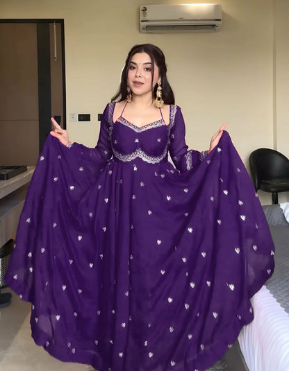 Purple Faux Georgette Thread Sequence Work Three Piece Ethnic Set
