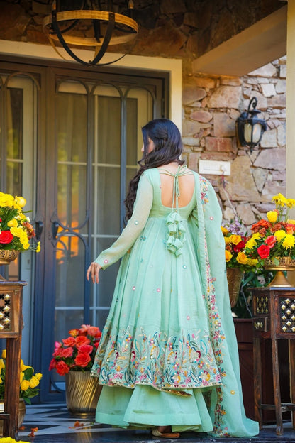 mint green Elegant Cruncy Silk Sequin Thread Work Three Piece Set