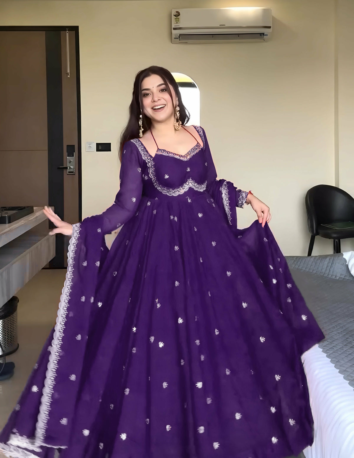Purple Faux Georgette Thread Sequence Work Three Piece Ethnic Set