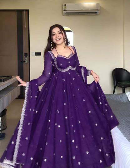 Purple Faux Georgette Thread Sequence Work Three Piece Ethnic Set