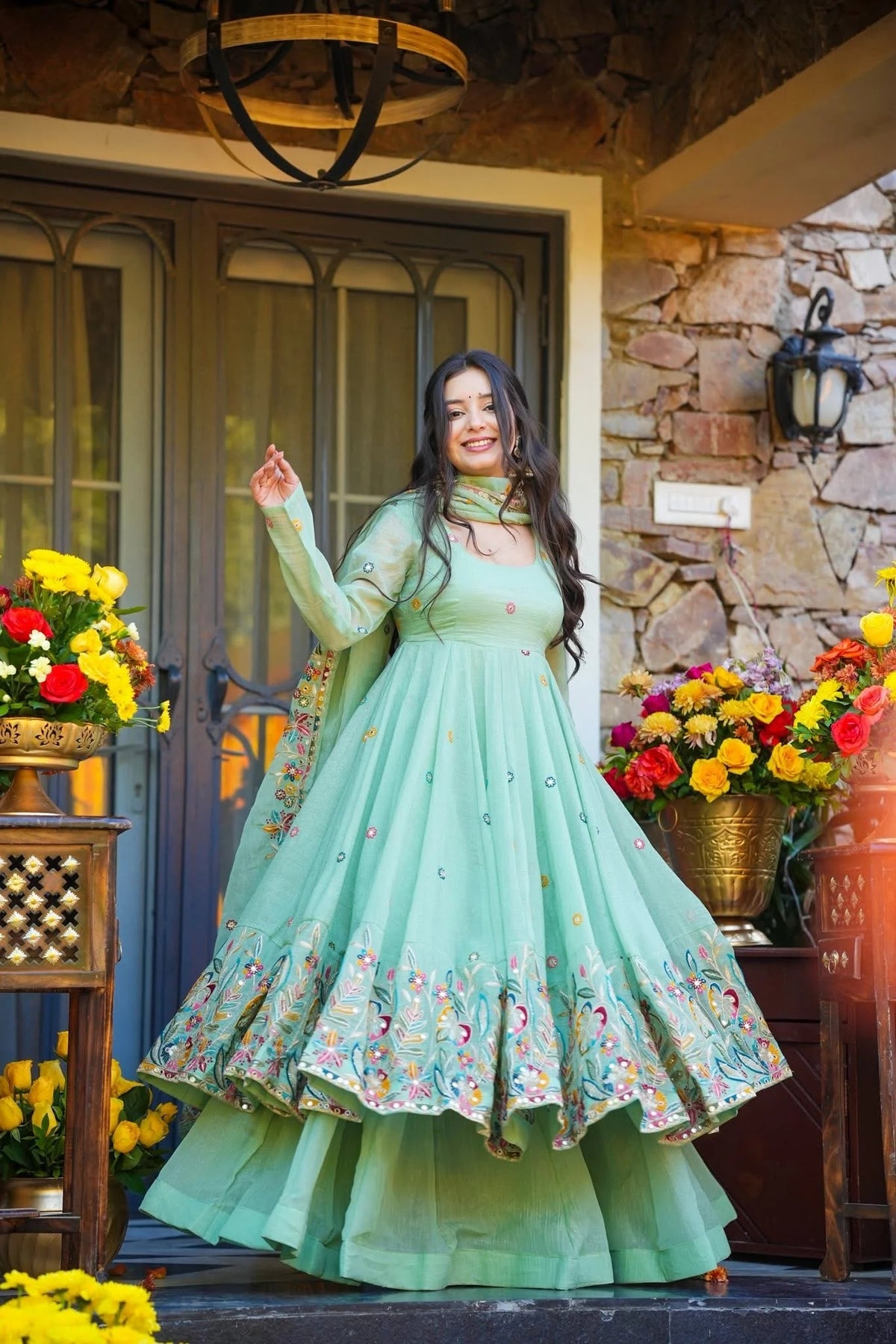mint green Elegant Cruncy Silk Sequin Thread Work Three Piece Set