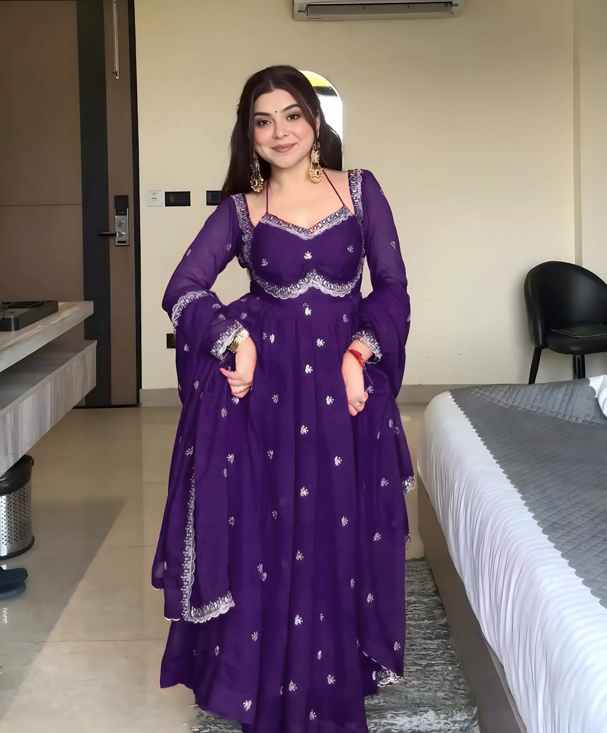 Purple Faux Georgette Thread Sequence Work Three Piece Ethnic Set
