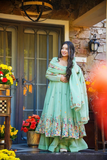 mint green Elegant Cruncy Silk Sequin Thread Work Three Piece Set