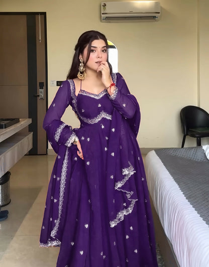 Purple Faux Georgette Thread Sequence Work Three Piece Ethnic Set