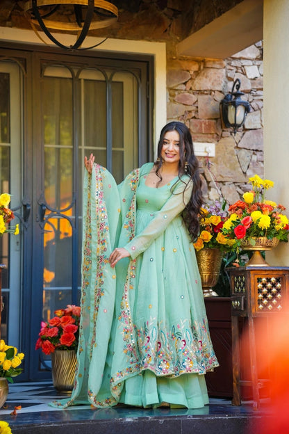 mint green Elegant Cruncy Silk Sequin Thread Work Three Piece Set