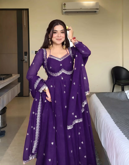 Purple Faux Georgette Thread Sequence Work Three Piece Ethnic Set