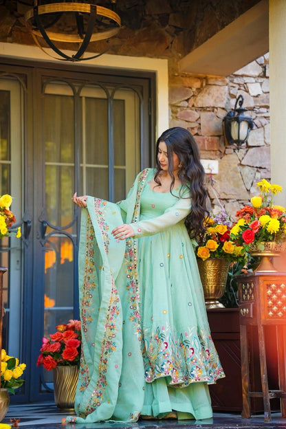 mint green Elegant Cruncy Silk Sequin Thread Work Three Piece Set