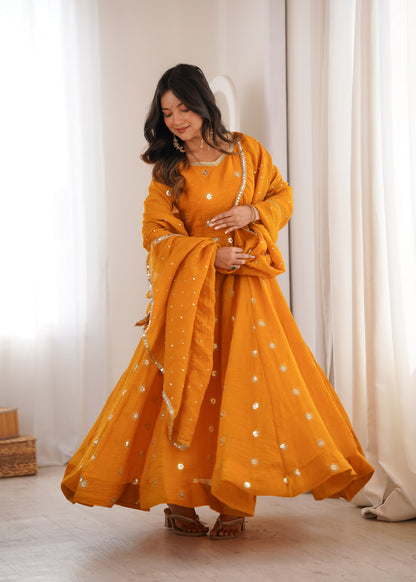Mustard Yellow Elegant Crunchy Silk Sequence Work Three Piece Suit Set