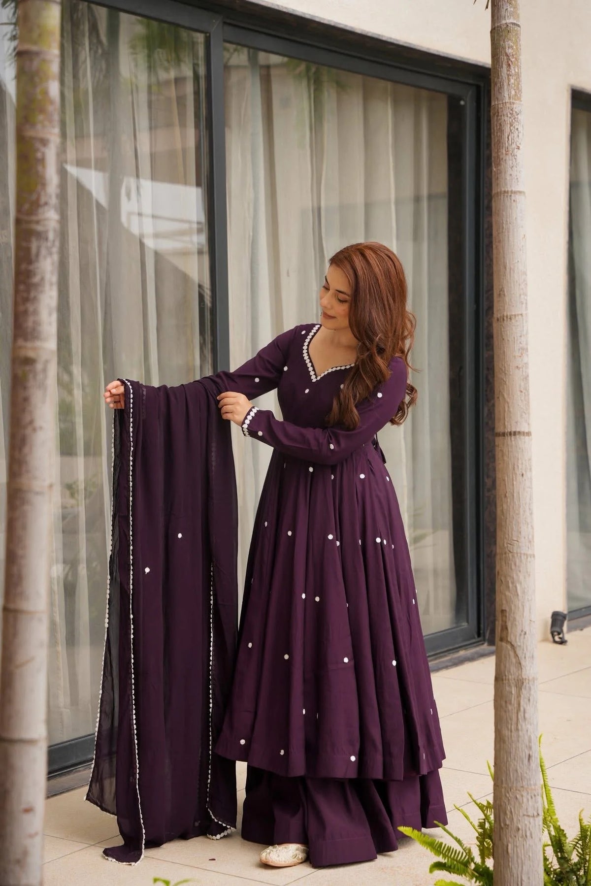 Dark purple Heavy Rayon Thread Sequence Work Three Piece Ethnic Set
