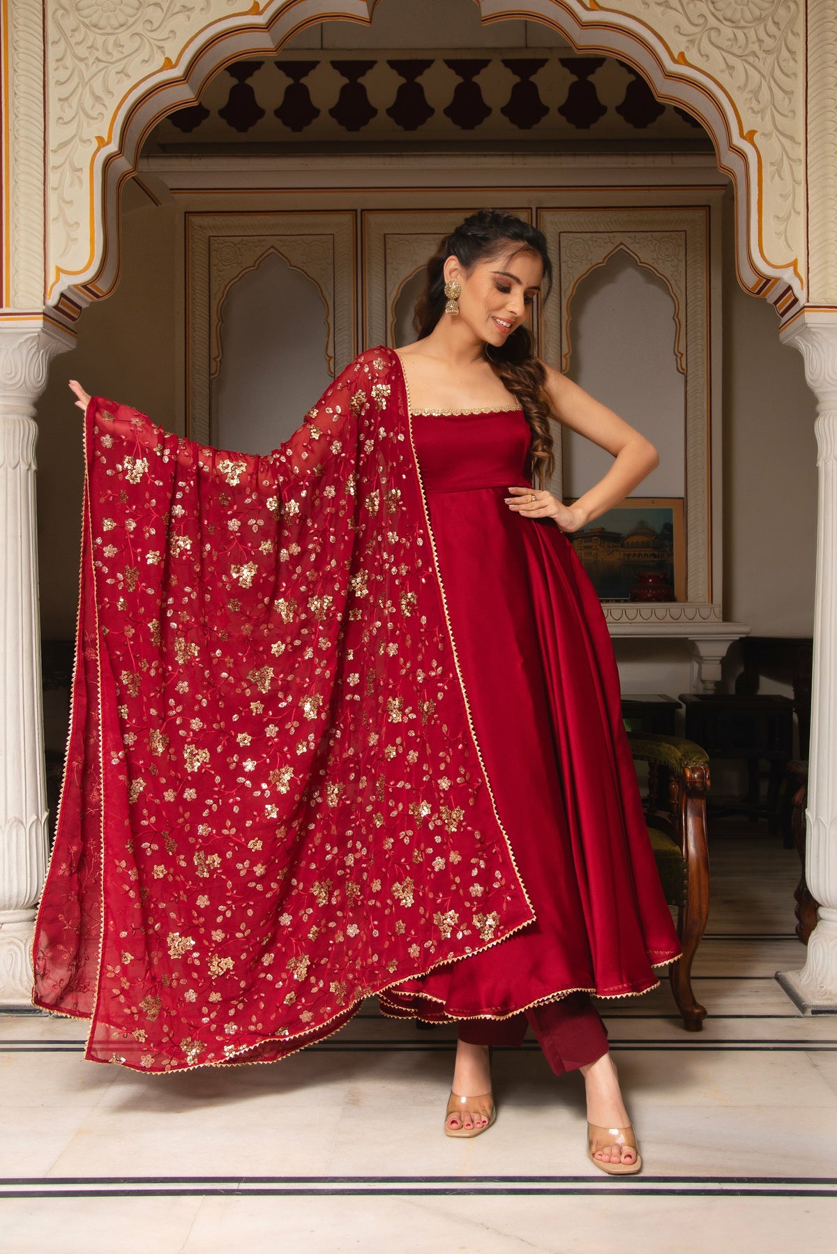 Red Heavy Japan Satin Thread Sequence Work Three Piece Set