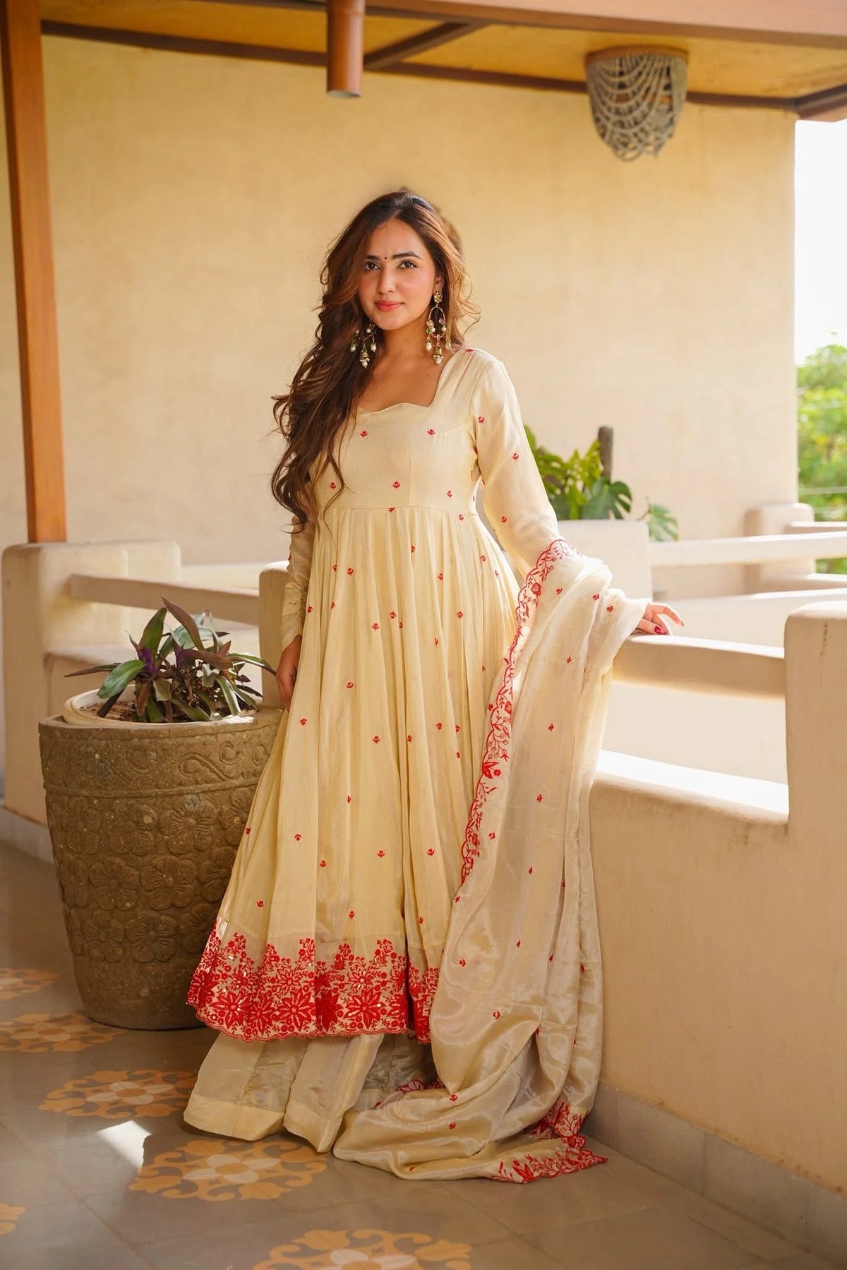 Ivory Embroidery Work Anarkali Palazzo Suit Set