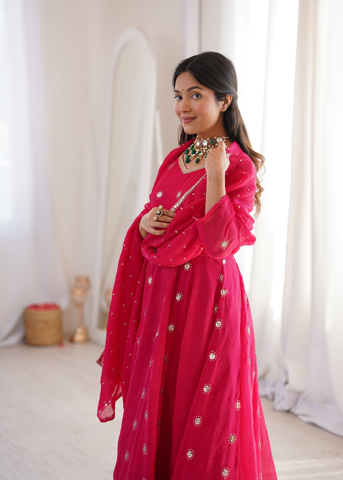 Rani Pink Elegant Crunchy Silk Sequence Work Three Piece Suit Set