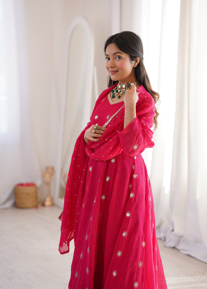 Rani Pink Elegant Crunchy Silk Sequence Work Three Piece Suit Set