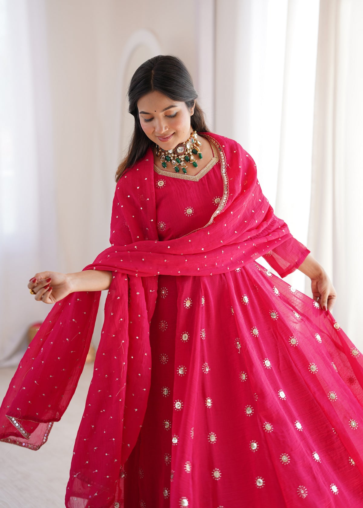 Rani Pink Elegant Crunchy Silk Sequence Work Three Piece Suit Set