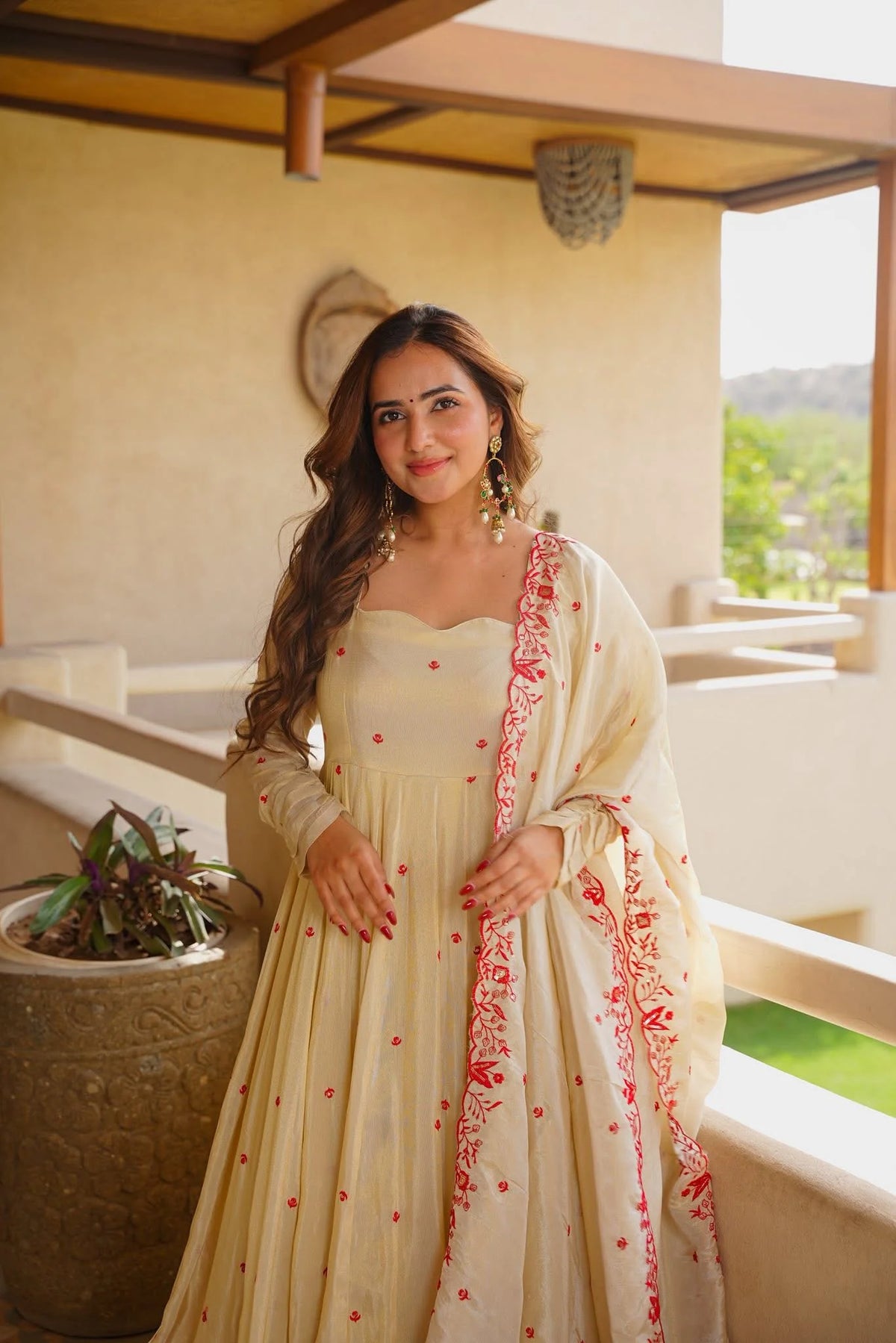 Ivory Embroidery Work Anarkali Palazzo Suit Set