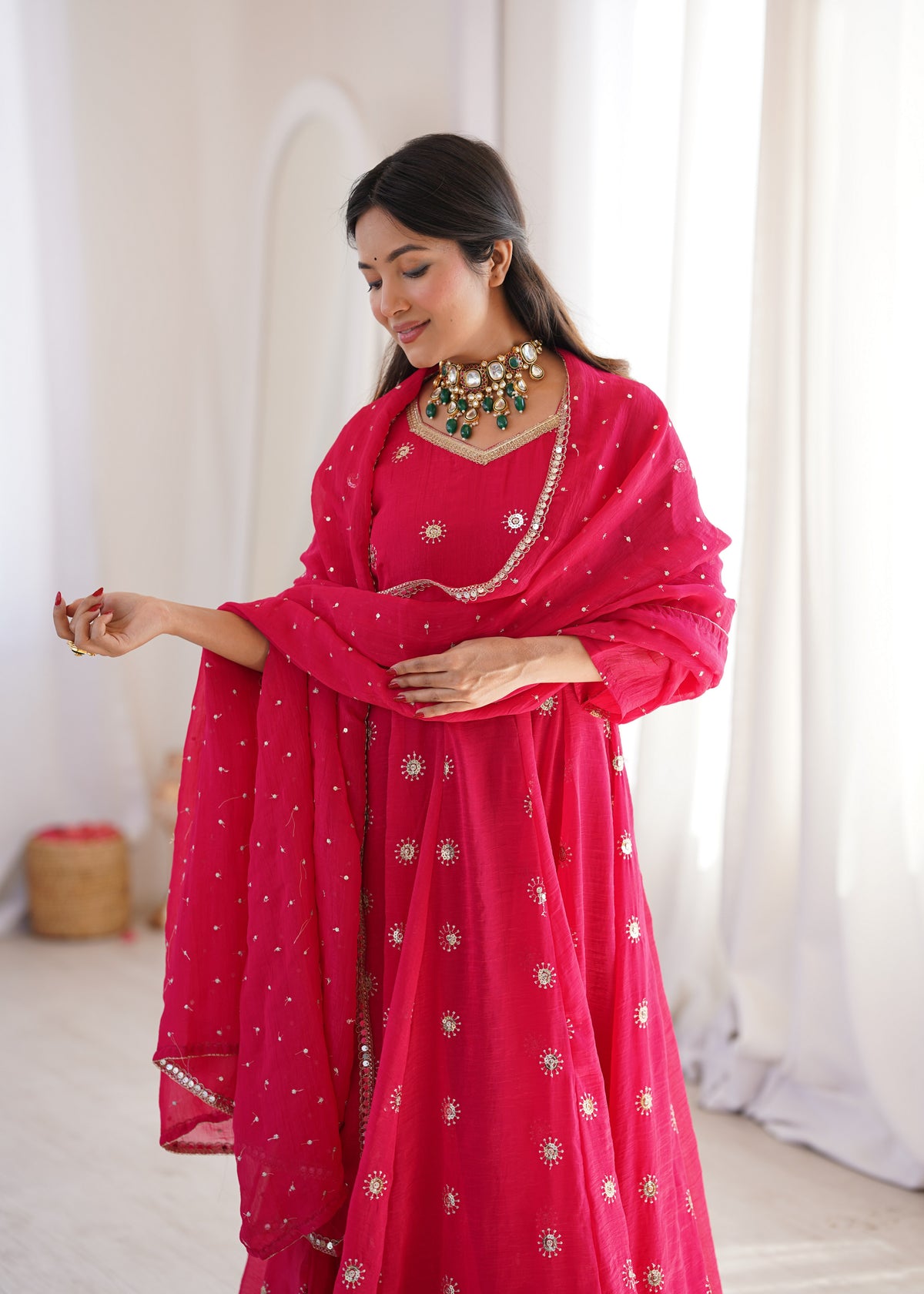 Rani Pink Elegant Crunchy Silk Sequence Work Three Piece Suit Set