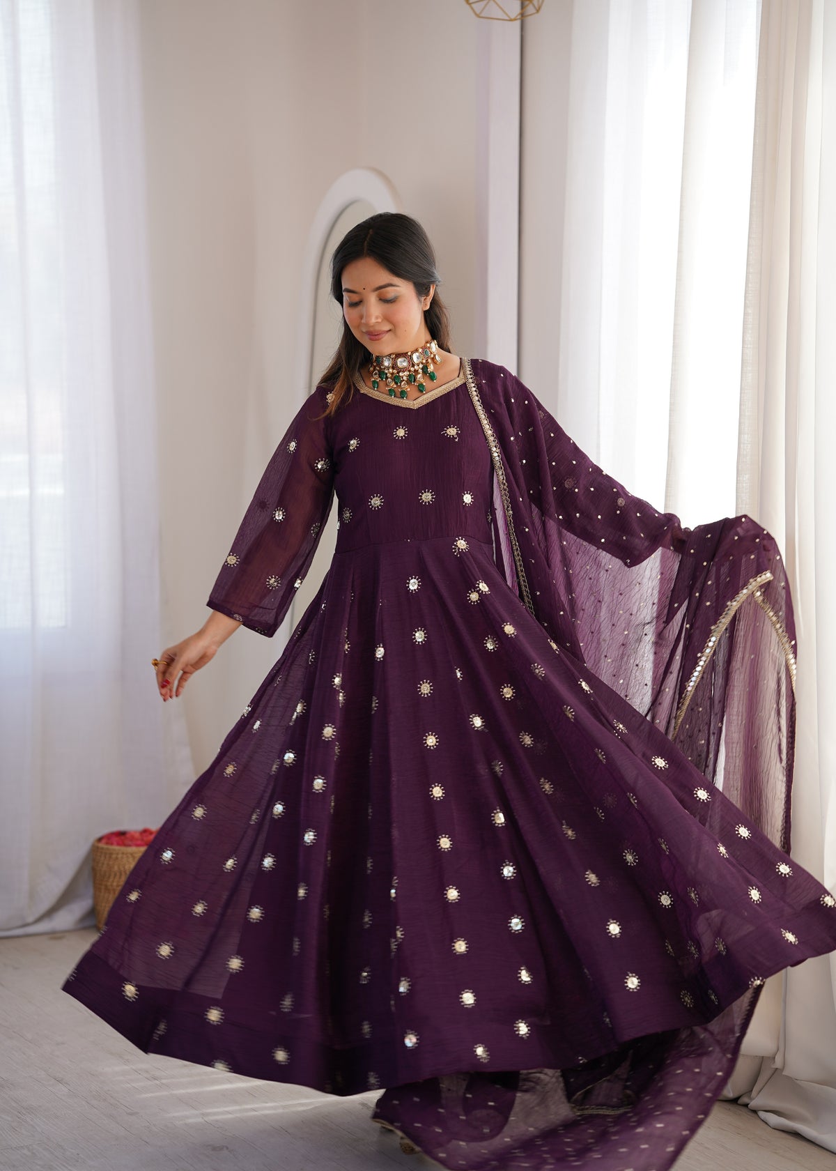 Deep Purple Elegant Crunchy Silk Sequence Work Three Piece Suit Set