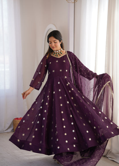 Deep Purple Elegant Crunchy Silk Sequence Work Three Piece Suit Set